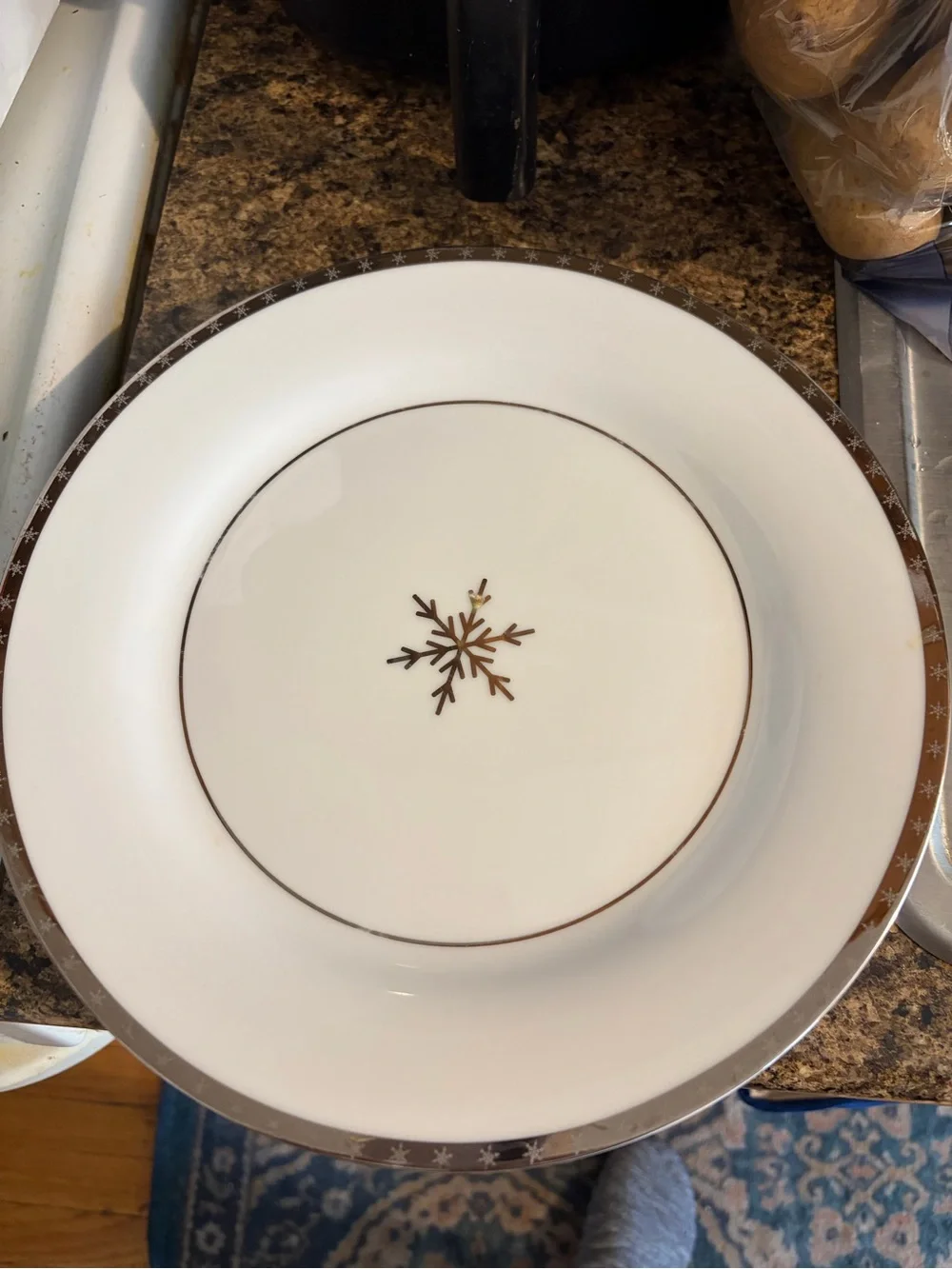 Holiday dinner Plates with Gold Snowflake Accent set of 3